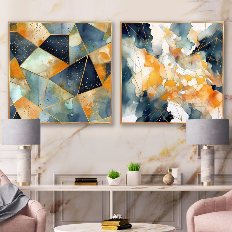 «Blue Yellow Asymmetric Marble Shapes» 2 pièces, H 16 po x l 33 po, Encadrement doré