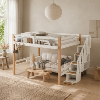Full Loft Bed with Clothes Hook and Storage Shelves, Wood Loft Bed Frame with Little Shelves for Books,Ample Under-bed Spaces,Beige & Natural