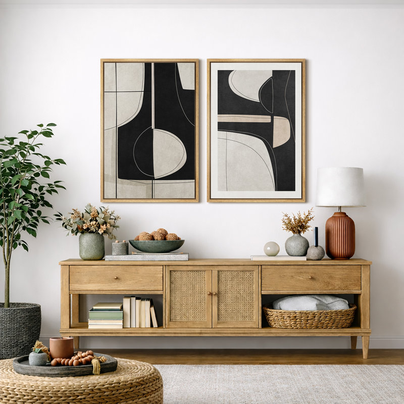 Mid Century Shape "Black Green Abstract Shape Artwork, Classy Minimal Contemporary Neutral Wall Pictures, Framed Canvas Giclée Print 2 Pieces Wall Art" 16x24x2 pcs, 24x36x2 pcs