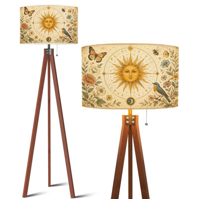  Tripod Standing Lamp Vintage Celestial Sun Butterfly, Bird, Flowers Sun, Remote Controlled Dimmable LED Floor Lamp with Beech Wood Legs & Detachable Linen Shade for Farmhouse Apartment Living Room and Bedroom