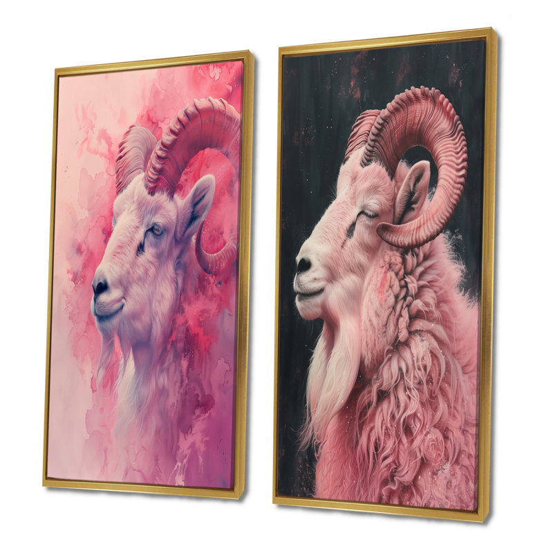 Ensemble de 2 pièces d'art mural blanc et rose avec astrologie Capricorne, H 40 po x l 40 po, Impression encadrée, Doré