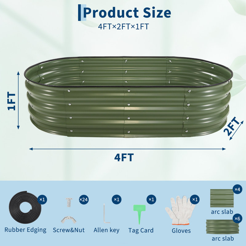 4×2×1 ft Galvanized Raised Garden Bed, Outdoor Birdies Planter with Open Base, Rubber Edging & Rust-Resistant Steel, Green