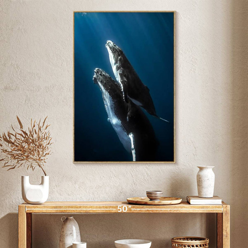 Baleine à bosse et son veau, Cadre flottant en bois naturel, 27 po x 40 po