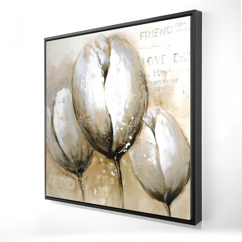 Trois tulipes avec typographie - toile encadrée 36 po x 36 po, H 24 po x l 24 po x P 1,5 po