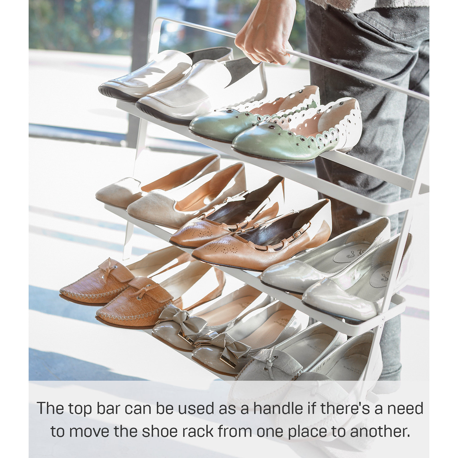 Yamazaki Home Shoe Rack, Wide, Short, Steel, Short, Holds 6 to 9 shoes, Handles, White