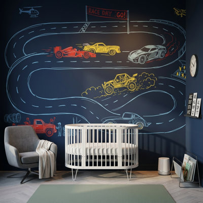 Racetrack Wallpaper Race Cars Chalkboard Sketch Removable Wall Decor