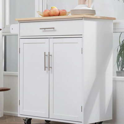 Kitchen Island Cart Rolling Trolley Cart with Drawer, Storage Cabinet & Towel Rack, White