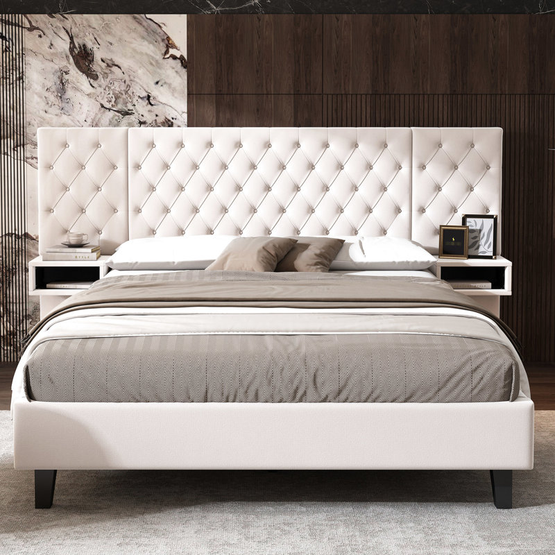 Grand lit beige avec tête de lit tapissier en velours, 2 tables de chevet, sans sommier, tête de lit à plateforme sans effort