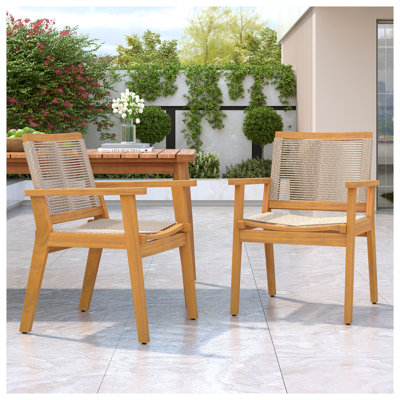 Ensemble de 2 chaises de salle à manger d'extérieur, structure en bois d'acacia au fini teck avec corde brune, capacité de 400 lb pour un patio naturel