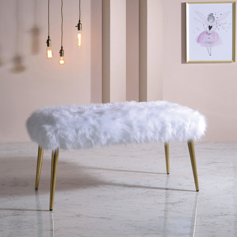 Glamorous White And Gold Metal Bench With Soft Faux Fur Seat For Bedroom Modern Padding Glittering
