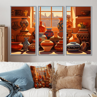 «Mexicain terre cuite vases fenêtre vue coucher de soleil»
