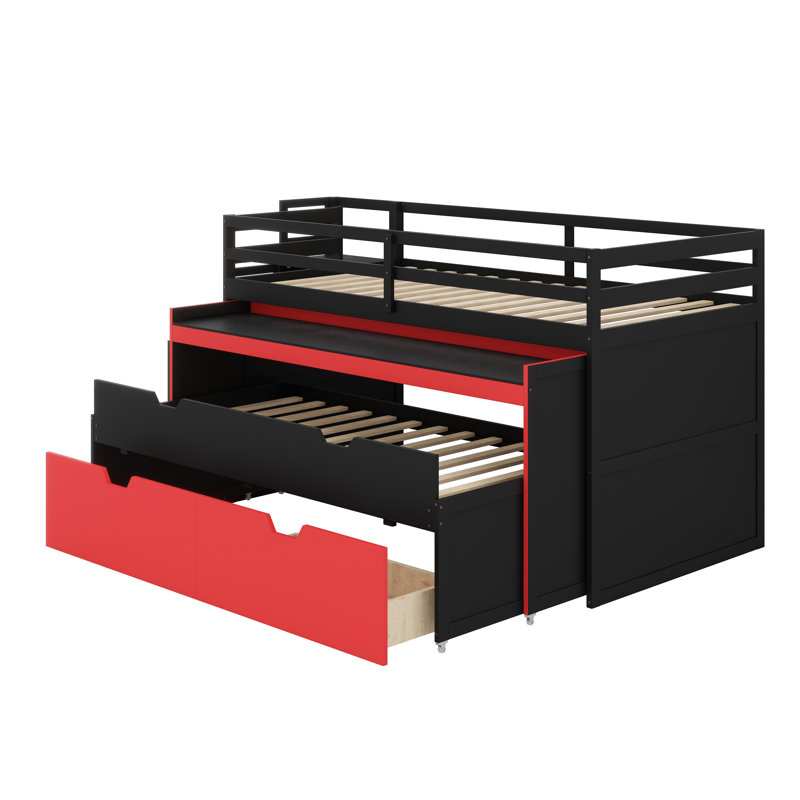 Lit mezzanine multifonctionnel avec bureau coulissant, lit gigogne, tiroirs de rangement et marches de rangement, Black+Red