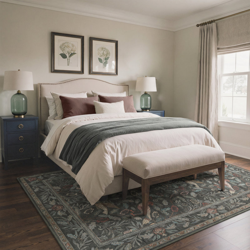 Allendale Aura Floral Peacock Machine Washable Grey / Brown Indoor Area Rug with Non-Slip Backing, Rectangle 6' x 9'