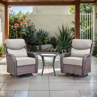 Ensemble de conversation d'extérieur 3 pièces avec chaises berçantes pivotantes en osier et table d'appoint Deb