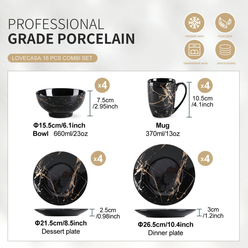 Service de table en porcelaine 16 pièces Karagen, service pour 4 Karagen, Noir
