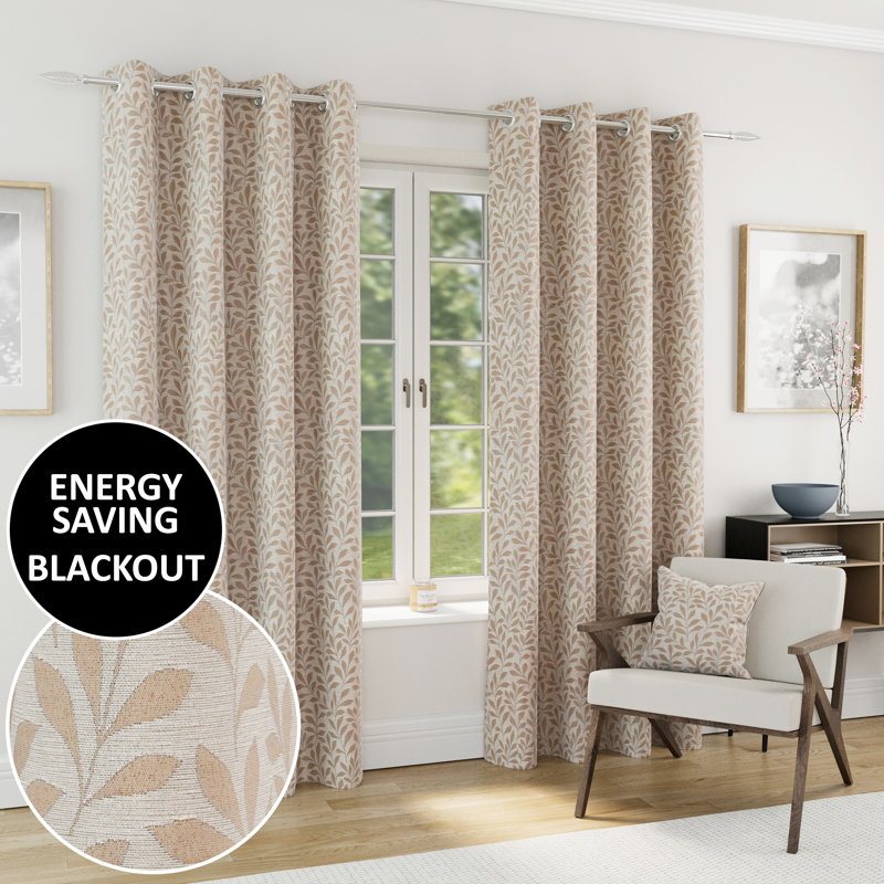 Sherwood 100% Blackout Thermal Jacquard Leaf Design Curtains with Eyelet Header (PAIR), 229cm Width x 183cm Drop, Natural
