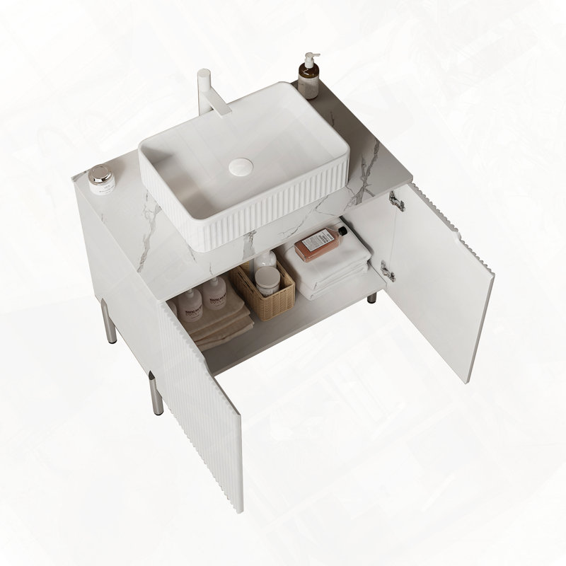 Meuble-lavabo autoportant avec comptoir en céramique Carrara, Blanc