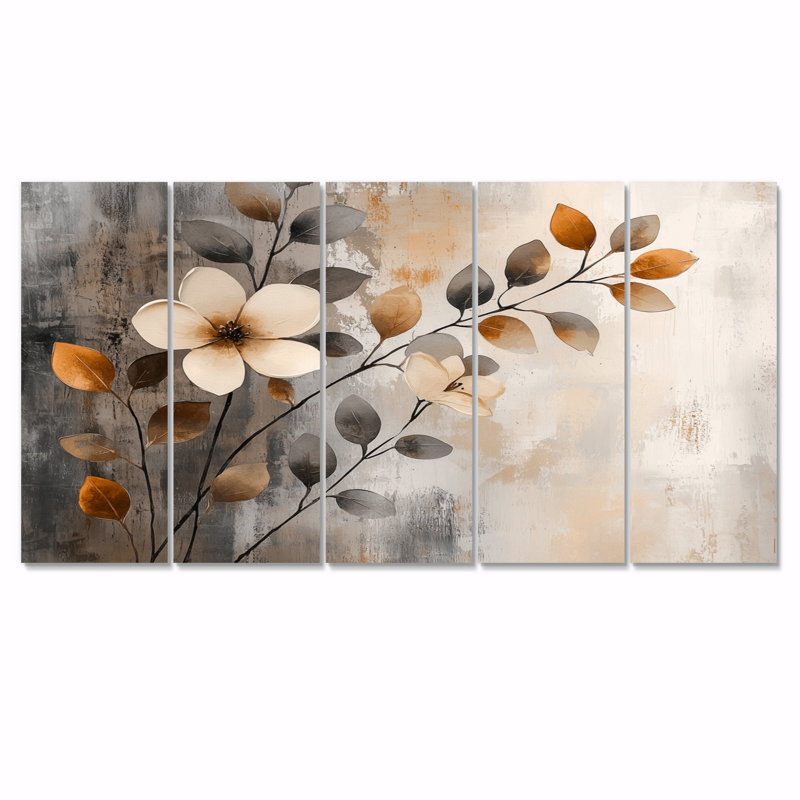 Fleurs de cerisier orange gris botanique I - ensemble d'art mural sur toile Cherry Blossom, H 28 po x l 60 po
