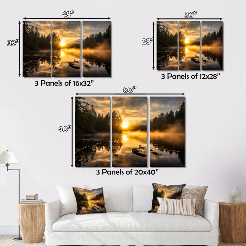 Misty Morning Over The River avec Golden Sunrise I - ensemble de décoration murale lac, H 28 po x l 36 po x P 1 po