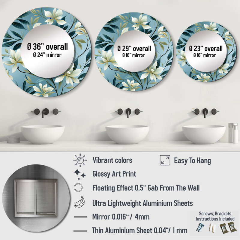 Oceanic Foliage Botanical Pattern - tropical  Decorative Wall Mirror, Green Round Mirror, Printed Metal Art, 23" x 23"
