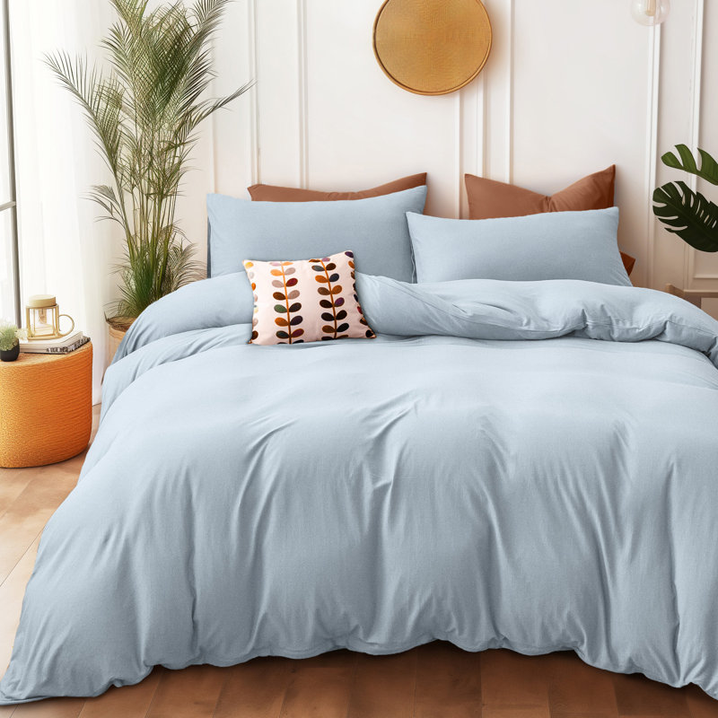 HOME BEDDING Jersey Cotton Duvet Cover Set, King Duvet Cover + 2 King Shams, Light Blue