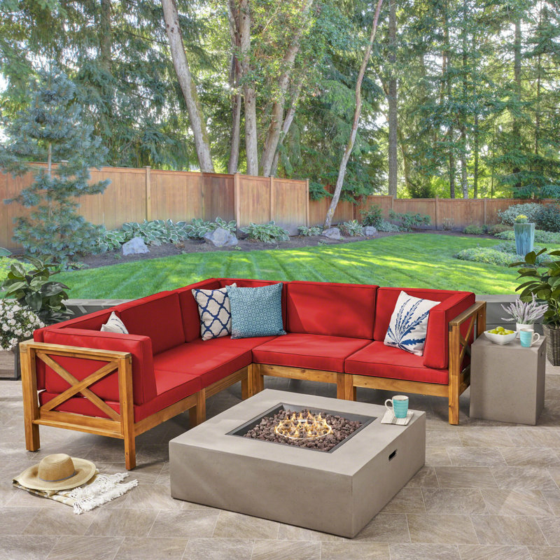 Ensemble de canapé modulaire 5 pièces avec coussins, Structure en teck / coussin rouge