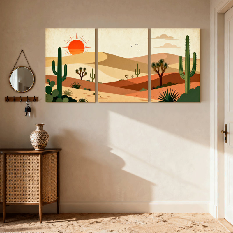 «Landscape & Nature Desert Landscape with Cactus and Sunset», ensemble de 3 impressions sur toile, H 18 po x l 36 po
