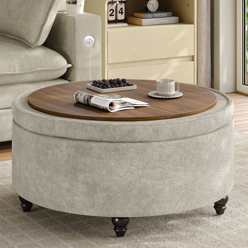 Pouf de rangement rond capitonné en chenille de 71 cm avec plateau en bois à couvercle rabattable, 28", Light Grey
