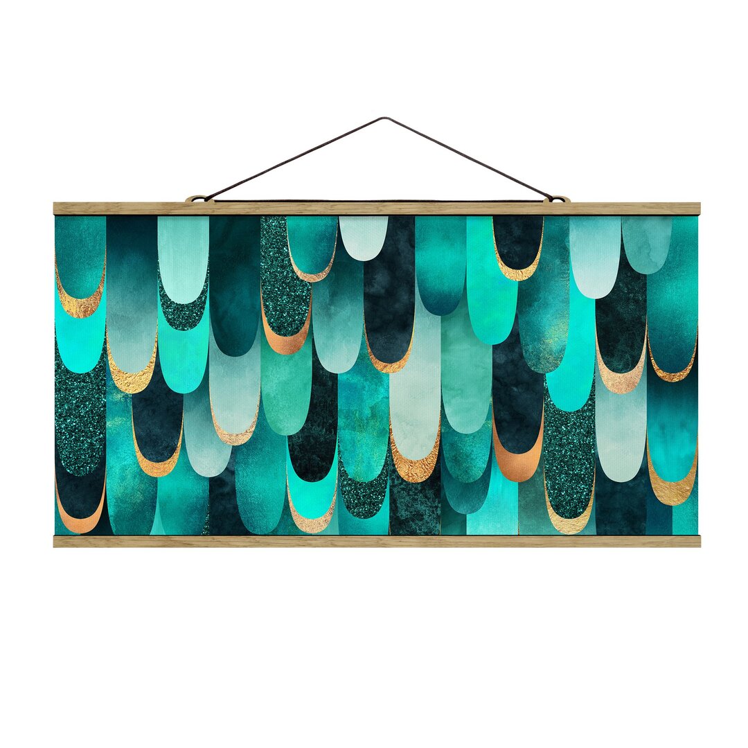 Stoffbild Feathers Gold Turquoise von Elisabeth Fredriksson