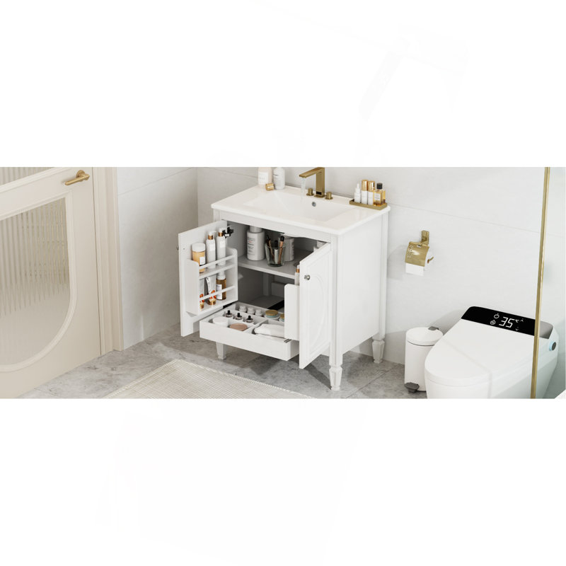 Meuble-lavabo de 30 po avec lavabo, deux portes avec tablette, charnières de porte à fermeture en douceur, style rétro, Blanc