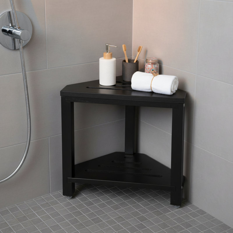 Tabouret de douche multifonctionnel en bois d'acacia, style de coin avec support de rangement, repose-pieds, siège de baignoire, adapté aux petits espaces, noir.
