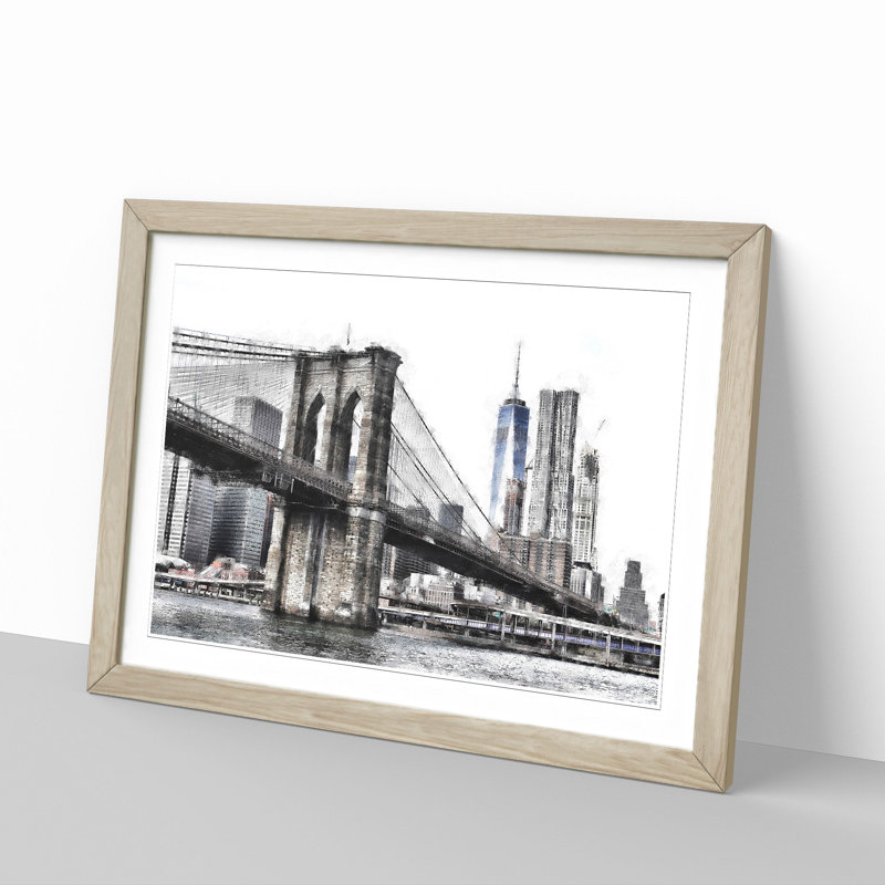 Brooklyn Bridge In New York Painting - Single Picture Frame Print on MDF, 24cm H x 33cm W x 2cm D, Oak