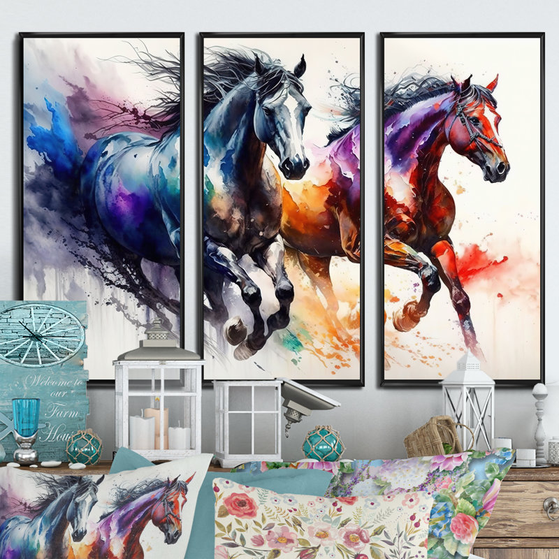 Chevaux qui courent II - 3 pièces sur toile, Cadre noir, H 28 po x l 36 po