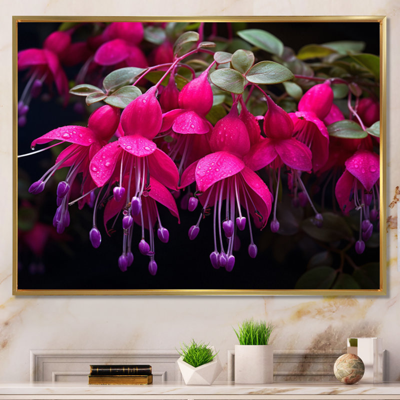 Fuchsia vivace, fleurs II, art mural floral, salon, H 34 po x l 44 po x P 1,5 po, Cadre flottant doré