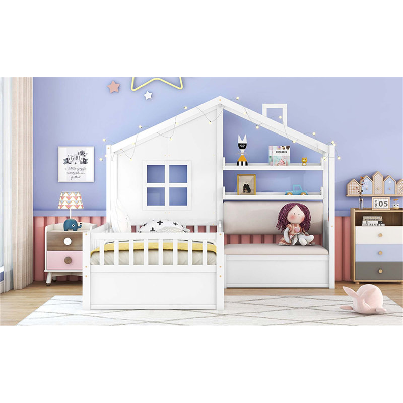 Lit simple avec canapé, lit plateforme pour enfants avec deux tiroirs et tablette de rangement