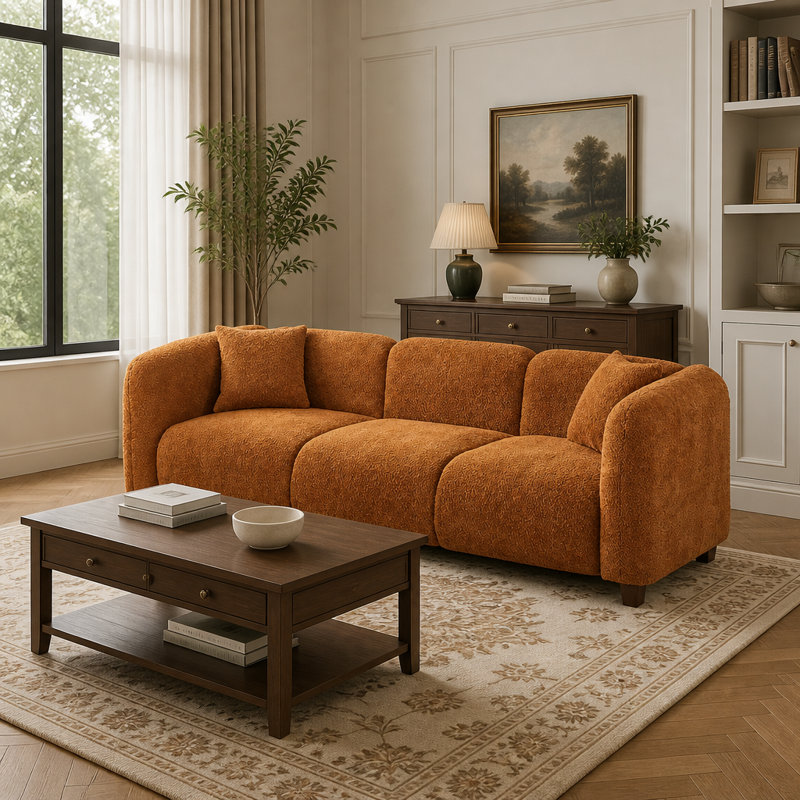 Canapé trois places moderne en tissu bouclé résistant et coussins en mousse à mémoire de forme pour un confort optimal dans votre salon.
