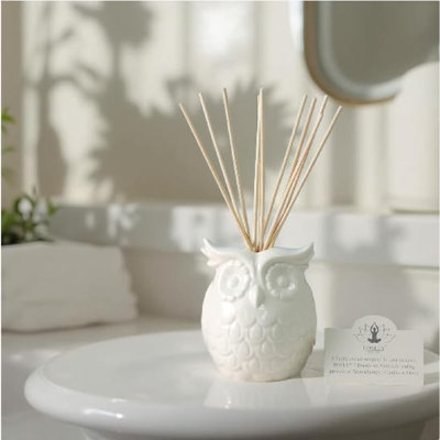 Hosley Aromatherapy Vanilla Diffuser Oil with Ceramic Owl Farmhouse Bottle & Reed Sticks - 110ml Ideal Gift for Home Decor, Bathroom Decor, Room Decor, Spa, Meditation, Weddings