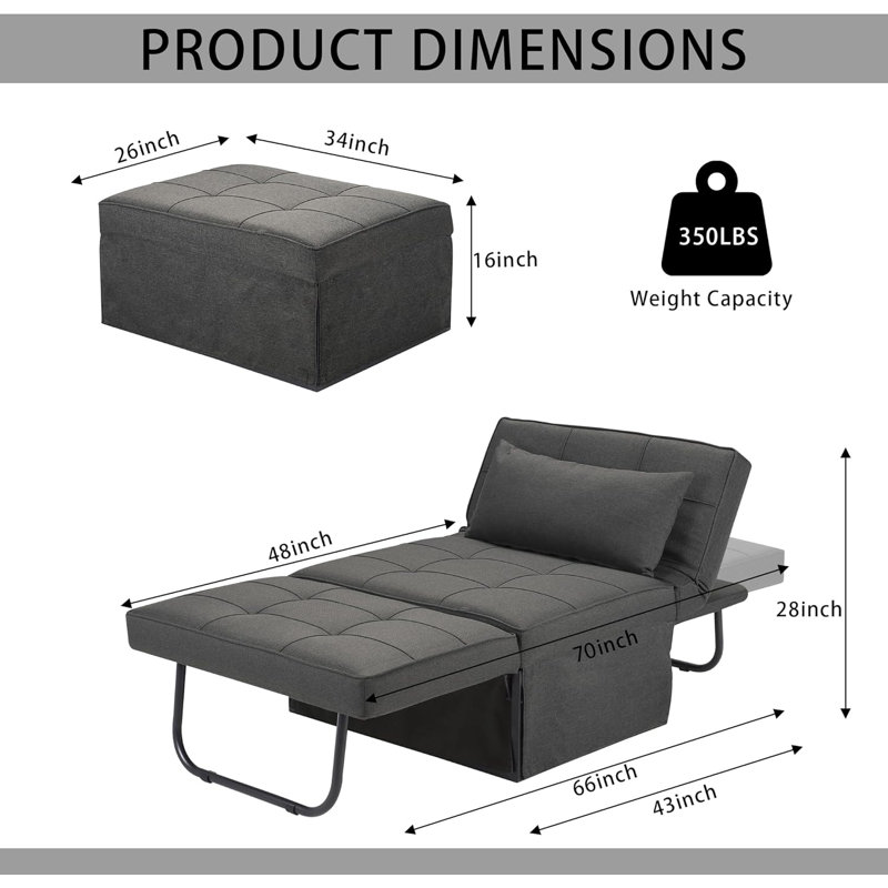 Convertible Sofa Bed, 4 in 1 Multi-Function Folding Ottoman Bed with Adjustable Backrest, Gray, 28" H x 16" W x 34" D