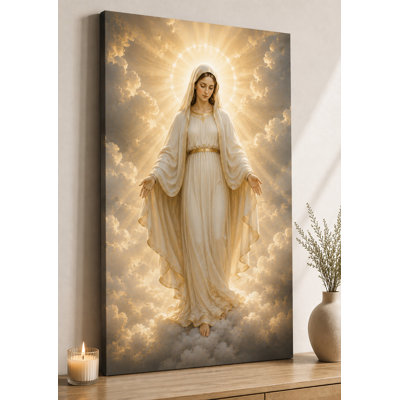 Grande Vierge sérénité sacrée - Élégante Vierge Marie, reproduction d'art sur toile 24 x 36 pouces, nuage angélique, décoration de la Foi pour chambre à coucher, salon, décoration intérieure, prêt à être accroché