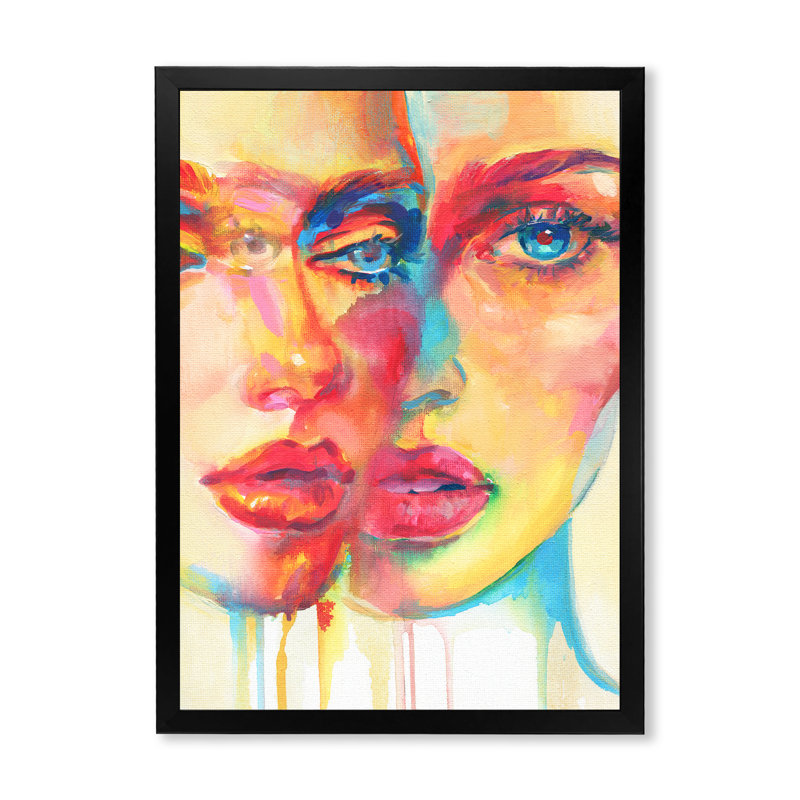 Expressionistic Double Portrait Of Two Women - Print on Canvas, 12" H x 20" W x 1" D, Black Picture Frame