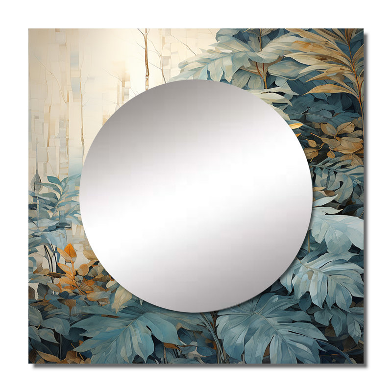 «White and Blue Tropical Expression I» - Miroir carré Jungle pour décoration murale, 36 po x 36 po