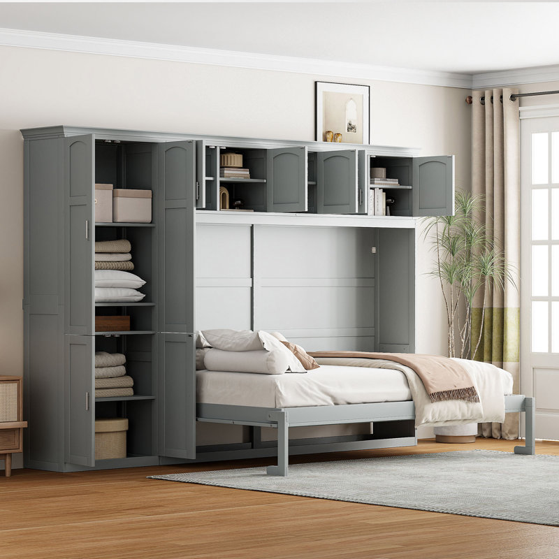 Grand lit escamotable mural avec armoires, Gris
