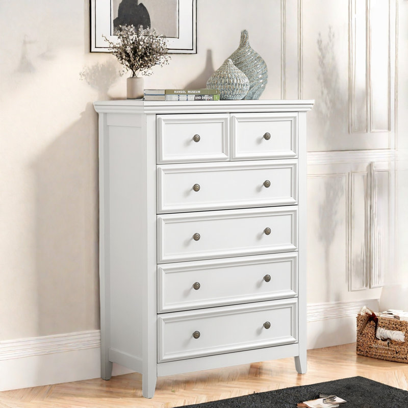 Commode 6 tiroirs avec plateau en grain de bois et poignée fleur