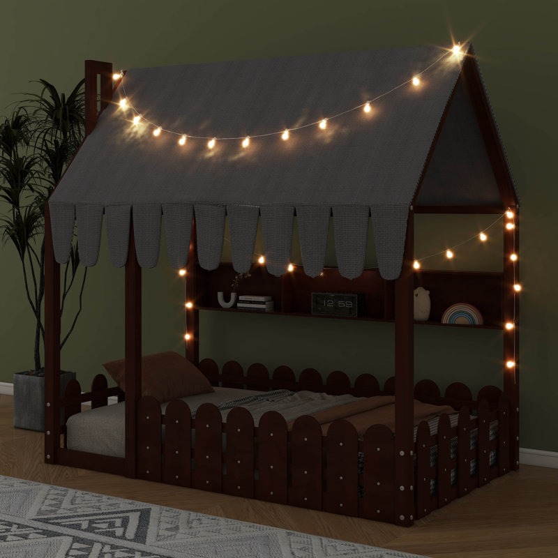 Lit de sol pour enfants avec barrière de sécurité, auvent, éclairage et unités de rangement triple Montessori, Twin, Espresso