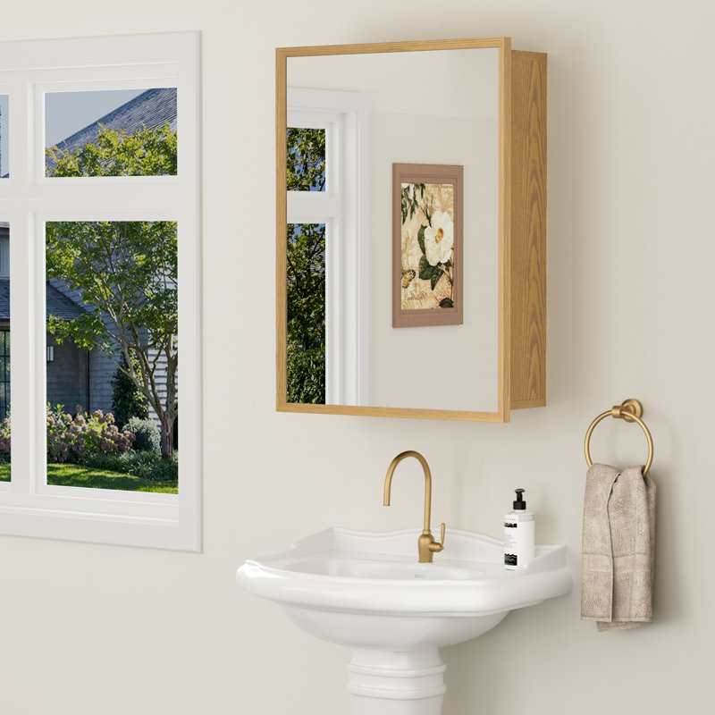 24'' W x 30'' H Beveled Frame Wood Medicine Cabinet with Mirror, Adjustable Shelves, Soft-Close Hinges, Reversible Door, Wall-Mount or Recessed Bathroom Cabinet, Light Oak