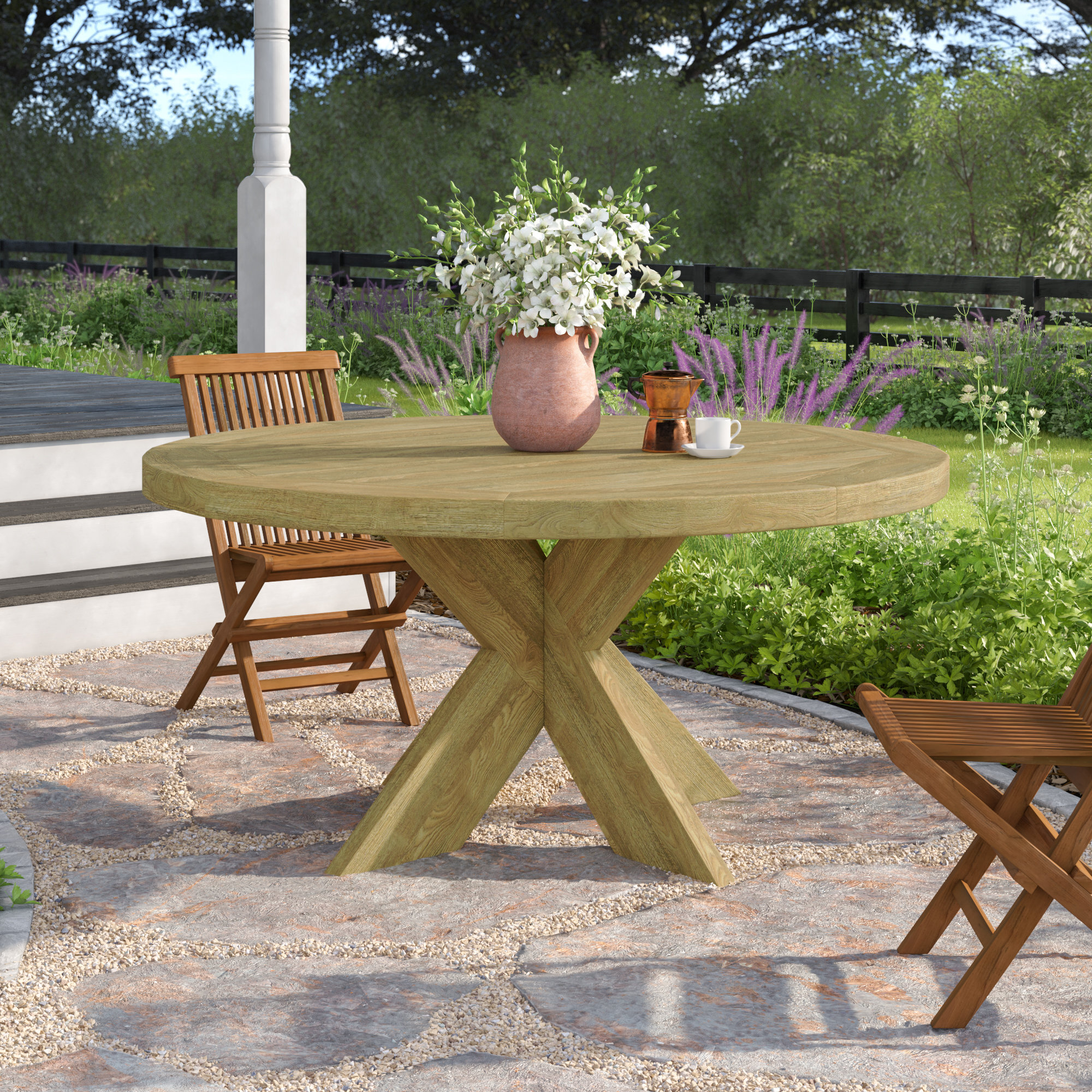 Three Posts™ Morones Round Outdoor Dining Table in Solid Reclaimed Teak ...