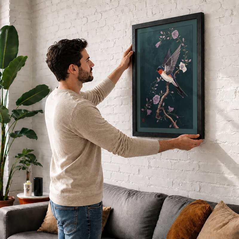 Garden Robin Botanical - Framed Print, Walnut, A1 - 84.1 x 59.4 cm