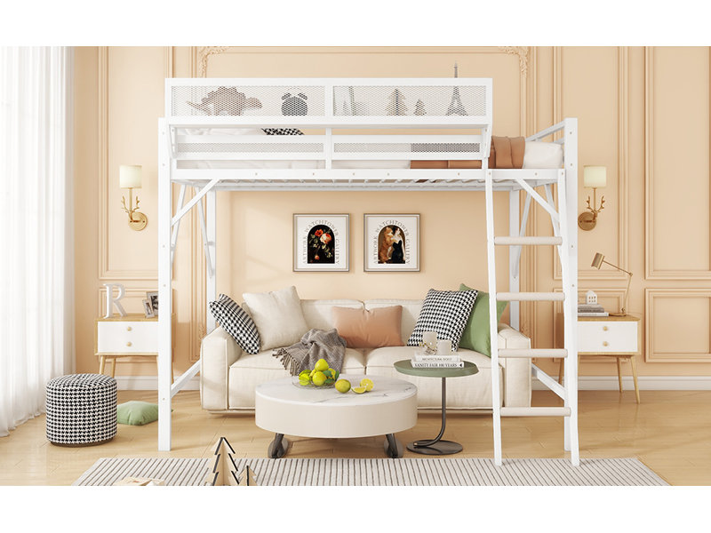 Full Size Loft Bed With Ladder, Metal Full Loft Bed With Storage Shelves, High Loft Bed For Kids Teens, White
