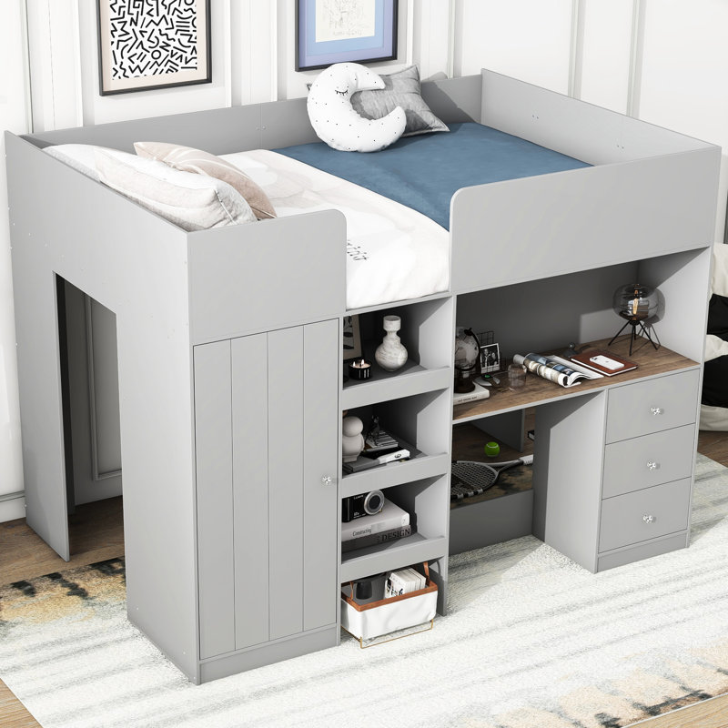 Lit mezzanine double en gris avec garde-robe intégrée, bureau et rangement - Bureau pratique en bois, tablettes et tiroirs