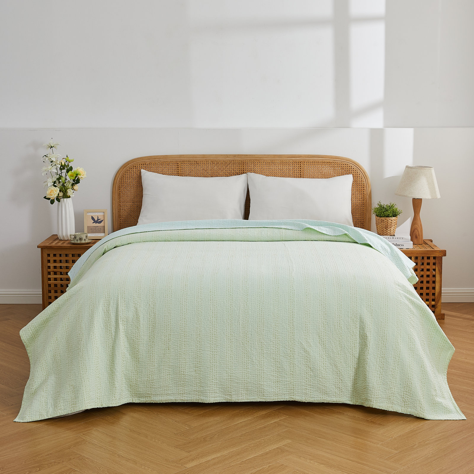 Soild Kantha Cotton Coverlet Set, Queen Coverlet, Teal